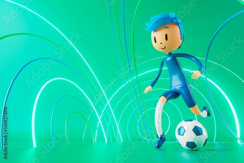 action cartoon 3d character. boy in sports action. 3d illustrator. colorful human design. happy face. sport object rendering. fitness activity. health concept. copy space background. soccer ball
