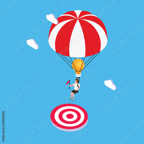 Businesswoman with parachute landing on the target isometric 3d vector illustration concept for banner, website, illustration, landing page, flyer, etc.