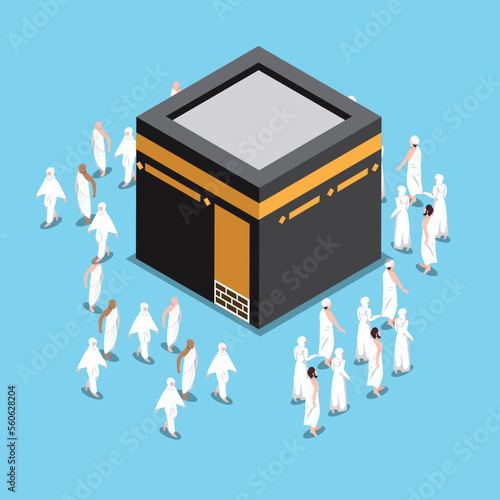 Muslim Pilgrims Walking Around Kaaba in Mecca isometric 3d vector illustration concept for banner, website, illustration, landing page, flyer, etc.