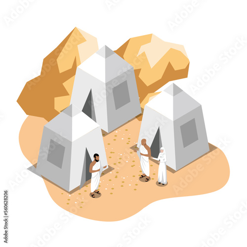 Muslim pilgrims at Mina tents area isometric 3d vector illustration concept for banner, website, illustration, landing page, flyer, etc.