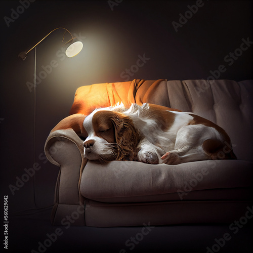 Cute Dod Sleep in Couch Illustration Generative AI photo