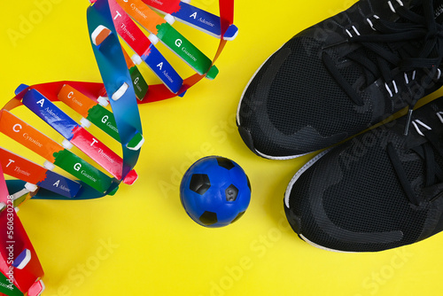 DNA helix structure. Genetics and sports performance, the present and future in the identification of talent for sports based on DNA testing. Healthcare and medical concept.