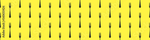 pattern. Fork top view on yellow background. Template for applying to surface. Horizontal image. Flat lay. Banner for insertion into site. 3D image. 3D rendering.