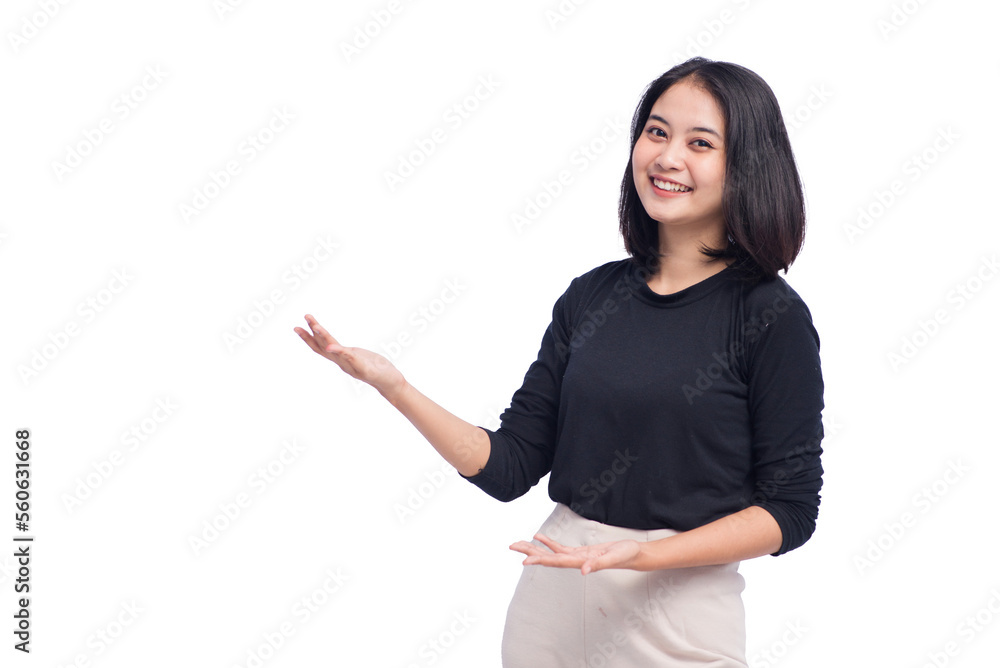 Young Business Woman Showing on Copy Space Young Business Woman Showing on Copy Space