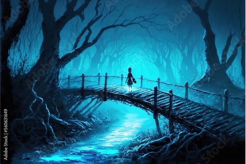 A boy on a bridge in a magical blue forest,a fabulous fantasy illustration © Анастасия Птицова