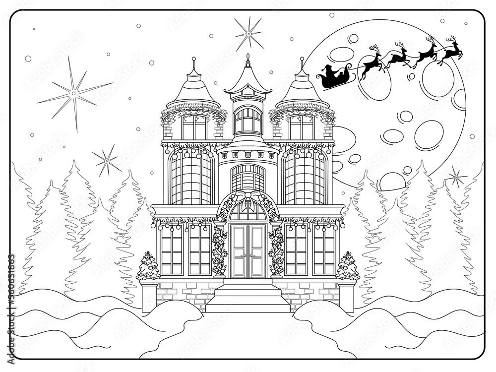 Winter house coloring page. Antistress for kids and adults.