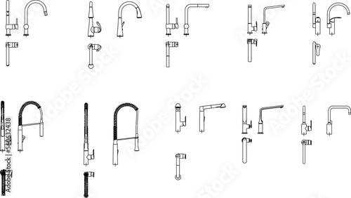 collection of vector illustration sketches of water faucets for sinks
