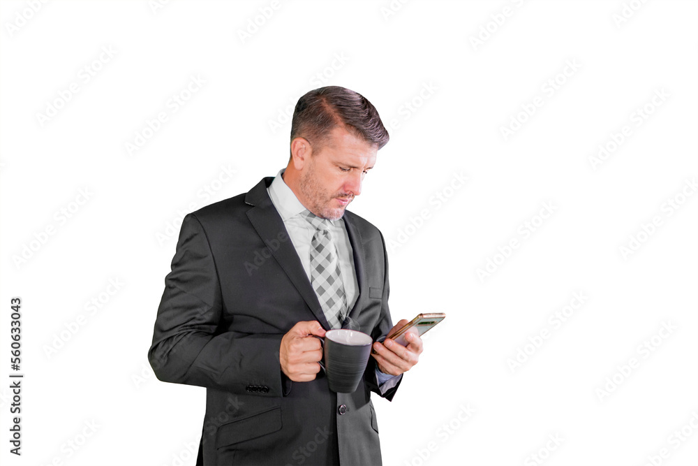 businessman using smartphone and holding cup of coffee isolated on a white background businessman using smartphone and holding cup of coffee isolated on a white background