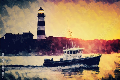 The boat sails near the lighthouse, sunset landscape photo
