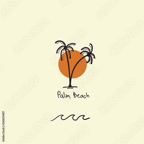 Abstract design summer logo template with palm trees. Modern minimal linear badge and emblem set for social media, vacations rentals and travel services.