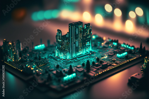 the city building up on neon teal circuit board, AI generative