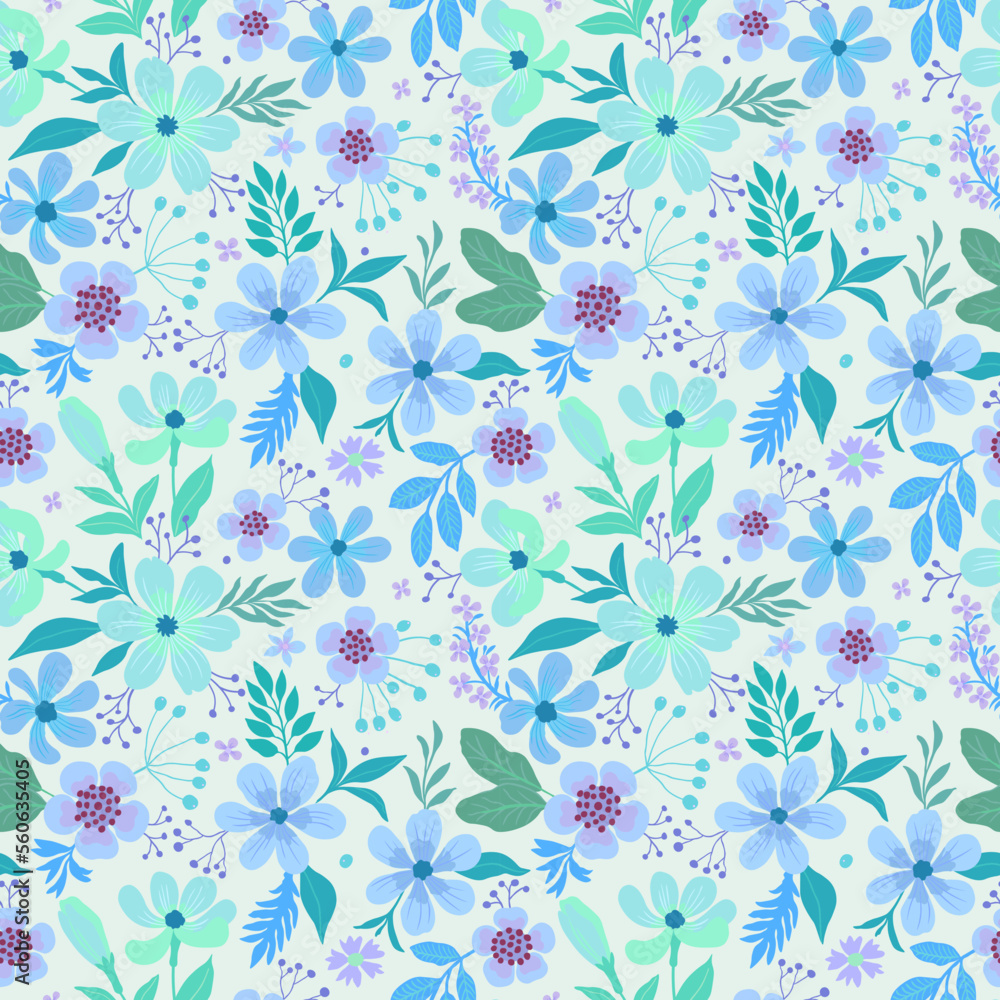 Fashionable abstract seamless background with colorful tropical leaves and flowers on a light turquoise background. Vector design. Jungle print. Floral background. Printing and textiles. Fashionable abstract seamless background with colorful tropical leaves and flowers on a light turquoise background. Vector design. Jungle print. Floral background. Printing and textiles.