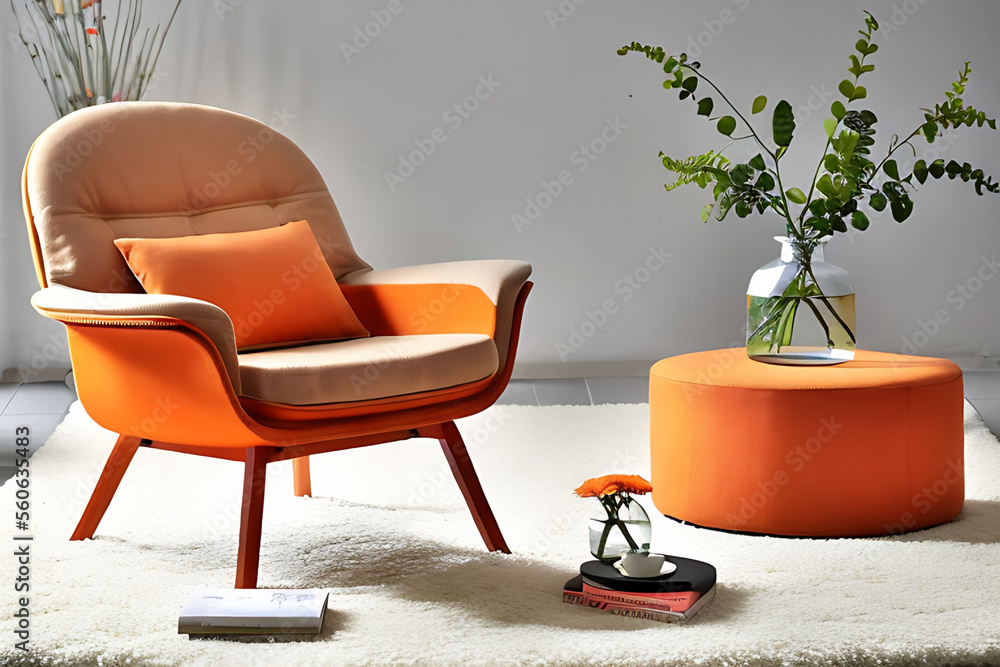 orange patone armchair in room, with carpet, table and vase