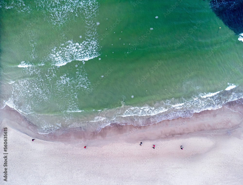 Aerial view. Seascape, beach, sand, sea, water, empty beach, winter time, nature.