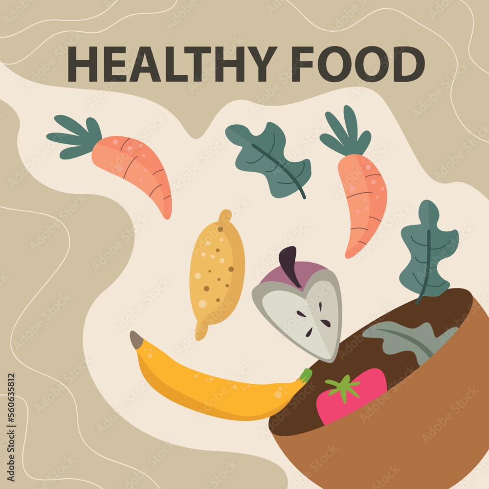 Bowl with delicious vegan salad with carrots, bananas, oranges, strawberries. vector top view illustration in card style. Healthy diet, vegetarian food. Healthy food Bowl with delicious vegan salad with carrots, bananas, oranges, strawberries. vector top view illustration in card style. Healthy diet, vegetarian food. Healthy food