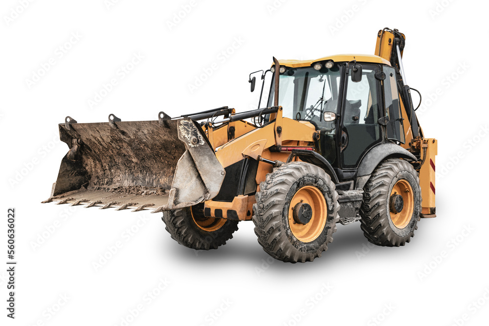 Heavy front loader or bulldozer on a white isolated background. construction machinery. Multifunctional excavator. Transportation and movement of bulk materials. Large bucket.