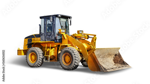 Large wheeled front loader or bulldozer on a white isolated background. construction machinery. Element for design. Transportation and movement of bulk materials. Excavation.