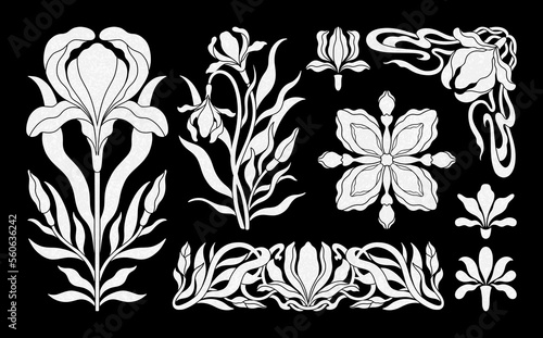 Floral tulip set in art nouveau 1920-1930. Hand drawn in a linear style with weaves of lines, leaves and flowers.