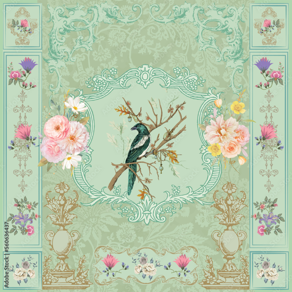 Vintage Victorian pastel floral wall. Baroque wall. Rococo painting