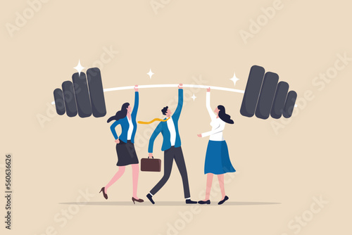 Teamwork to support for success, cooperate or collaboration to achieve strength, help or togetherness for business solution concept, business people office team help lifting heavy weight successfully.