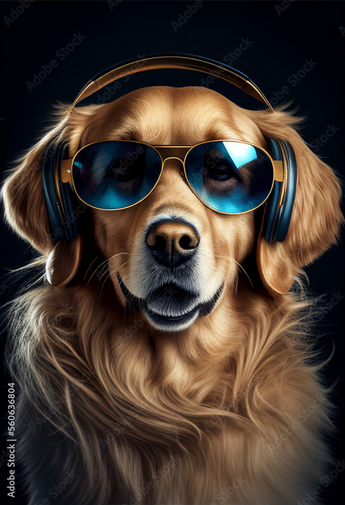 Portrait of a golden retriever wearing headphones and sunglasses. AI generated