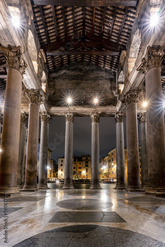 Rome - September 9  2022  View of the empty Rotonda Square  Piazza della Rotonda  between the ancient columns of Pantheon in Rome in dark hours before sunrise  Italy