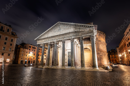 The empty Rotonda Square (Piazza della Rotonda) and illuminated ancient Pantheon in Rome in dark hours before sunrise, Italy