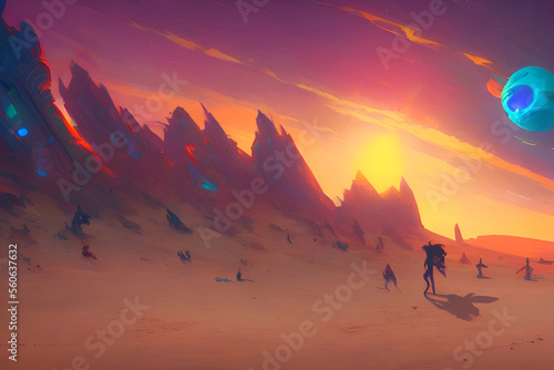 Alieni nel deserto di marte al tramonto della lava infiammata, generative ai