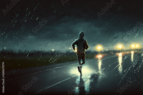 A man runs at night in the rain, cardio fitness