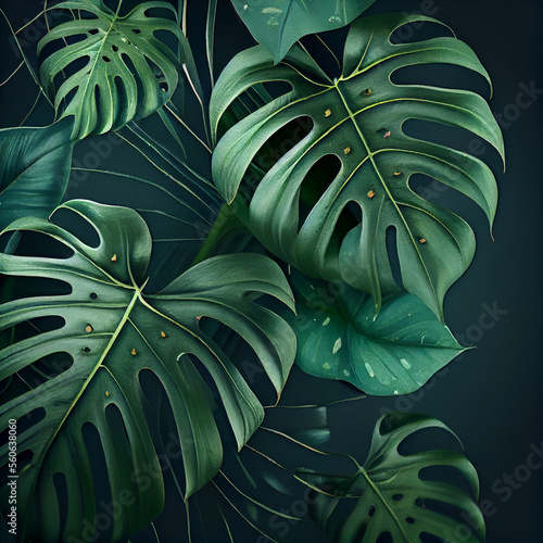 Natural Tropical Monstera Feaf Background. Generative AI