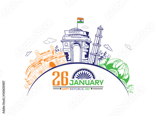 26 January Happy Republic Day of India celebration with flag  India gate  indian monuments