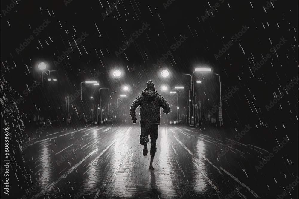 A man runs at night in the rain, cardio fitness