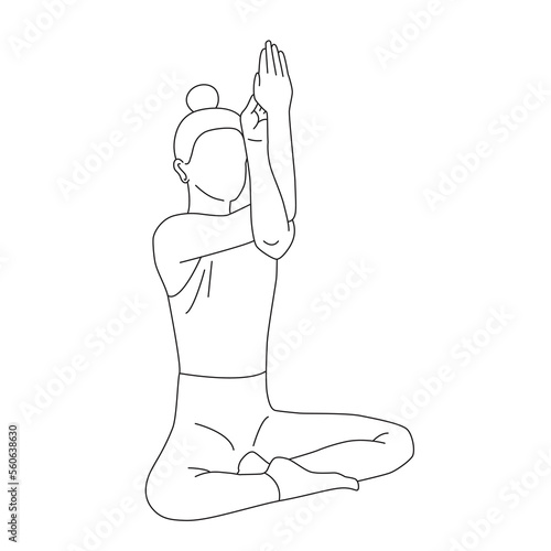 Line art of woman doing Yoga exercise in Eagle arms pose vector.