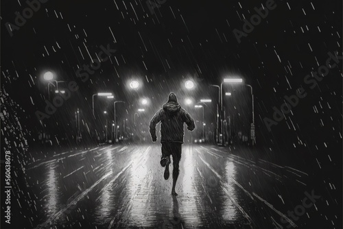 A man runs at night in the rain  cardio fitness