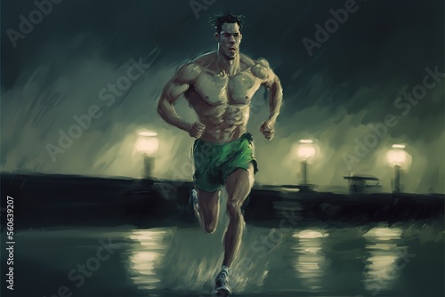 A man runs at night in the rain, cardio fitness © Анастасия Птицова