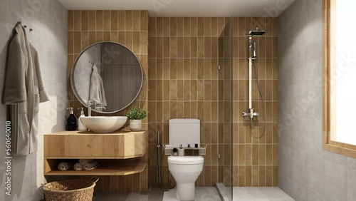 Animation of a modern and minimal bath room or toilet, presenting the same interior in different color versions with changing decors and finishing materials. 3D rendering animation looped.