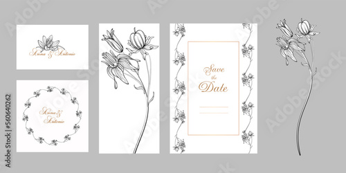 set of postcards with graphic flowers Spring flowers.