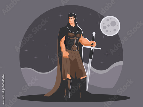 Highlander with sword. Scottish warrior standing against the background of the moon. Vector graphics