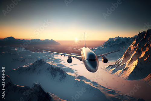 airplane over snowy mountains at sunset, generative ai composite photo