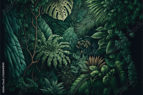 green jungle forest fern background, generative ai