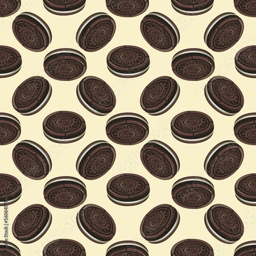 Sweet chocolate round biscuits. Oreos. Simple seamless pattern. 