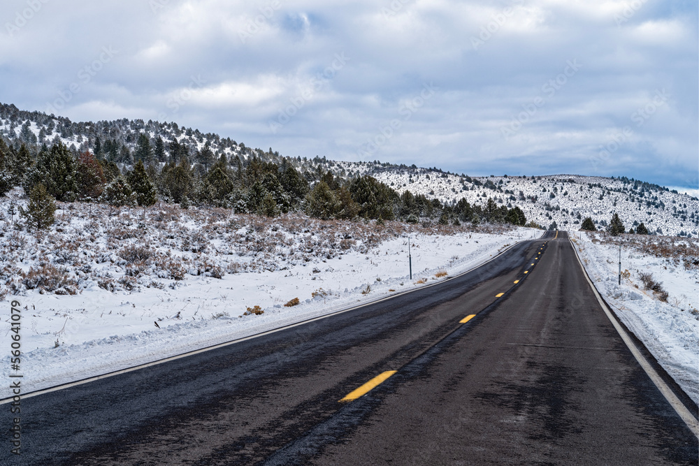 Highway 139 in Northern California is freshly plowed after a snowfall Highway 139 in Northern California is freshly plowed after a snowfall