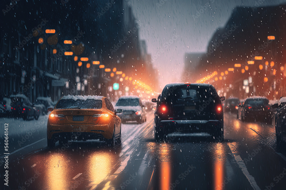 city traffic in the snow at dusk, generative ai composite city traffic in the snow at dusk, generative ai composite