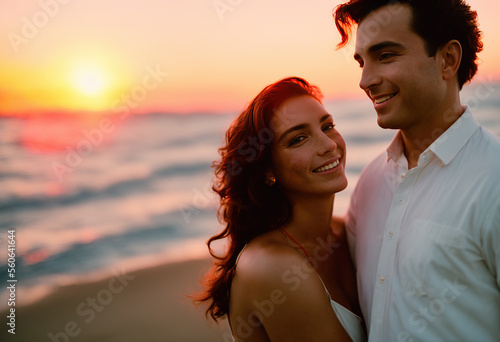 Young couple in love embracing on the beach at sunset on Valentine's Day