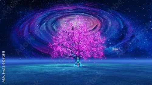 Yogi with chakras sitting below the glowing pink tree with a revolving galaxy in the background photo
