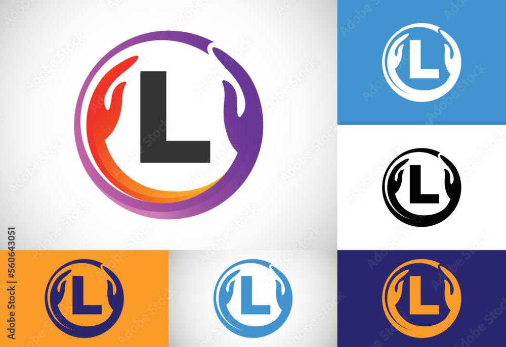 Initial L monogram letter with safe hands. Professional charity teamwork and foundation logo design Initial L monogram letter with safe hands. Professional charity teamwork and foundation logo design