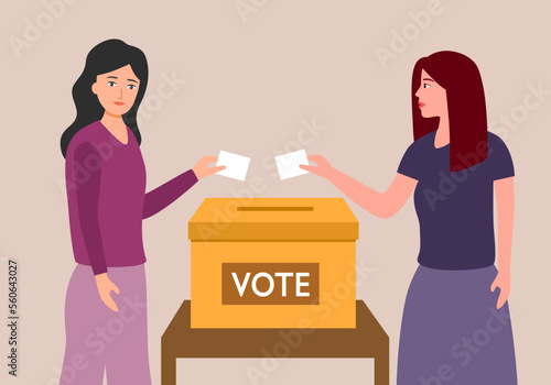 People putting a completed paper ballot into a polling box. Election Day in the country. Voting flat vector illustration.