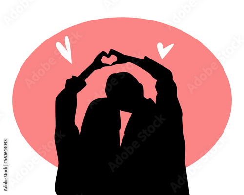 couple silhouette. lover boy and girl. orange sunset background. relationship, family. vector black and white illustration.
