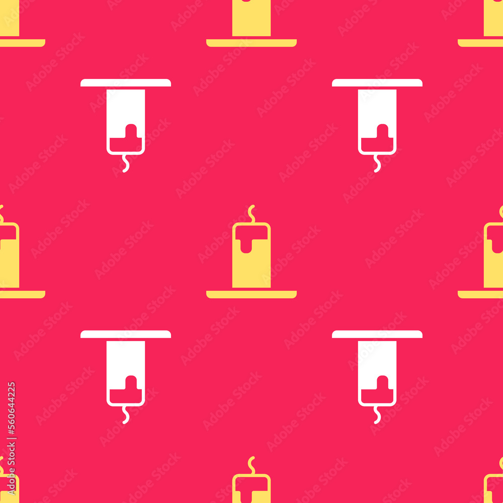 Yellow Burning candle icon isolated seamless pattern on red background. Cylindrical candle stick with burning flame. Vector Yellow Burning candle icon isolated seamless pattern on red background. Cylindrical candle stick with burning flame. Vector