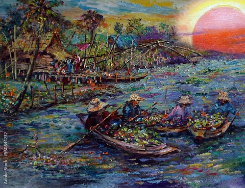 painting Oil color Floating market Thailand , countryside
